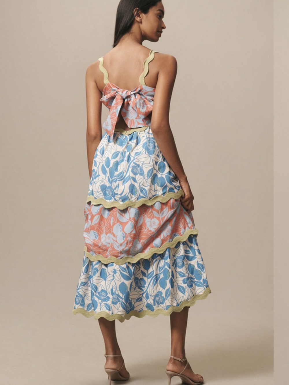 Anthropologie FARM Rio Linen Blend Tiered Ric Rac Midi Dress - Picture 2 of 8